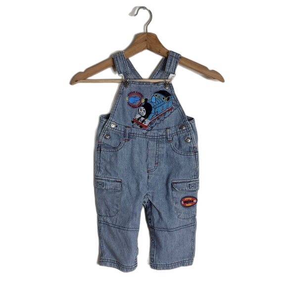 Thomas & Friends Overalls Infant Boys 12M Blue Hickory Stripe Denim Bib Snap Leg - Picture 1 of 9